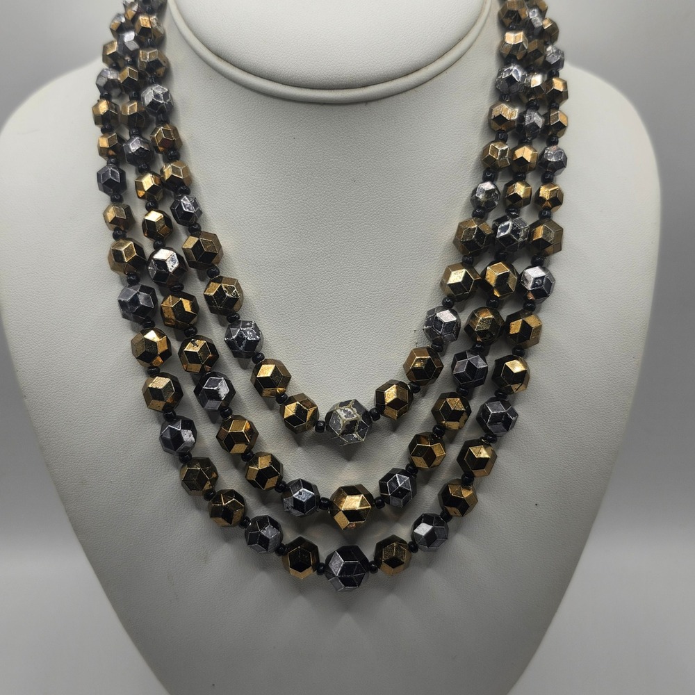 Vintage W Germany Multi Strand Beaded Necklace Gold Silver‎ Tone Geometric READ